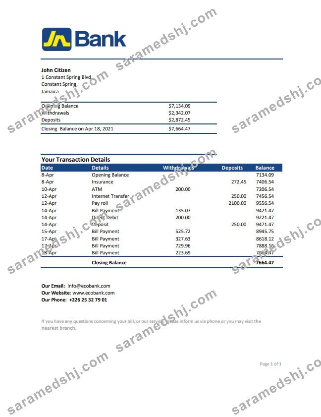 Jamaica National Bank statement easy to fill template in .xls and .pdf file format